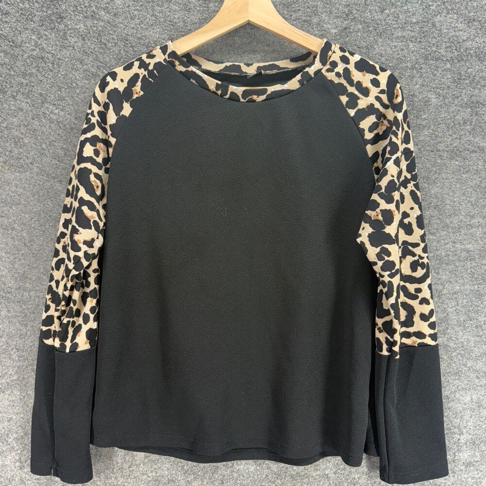 SheIn Blouse Women 8/10 Black Animal Print Long Sleeve Crew Neck Pullover Casual